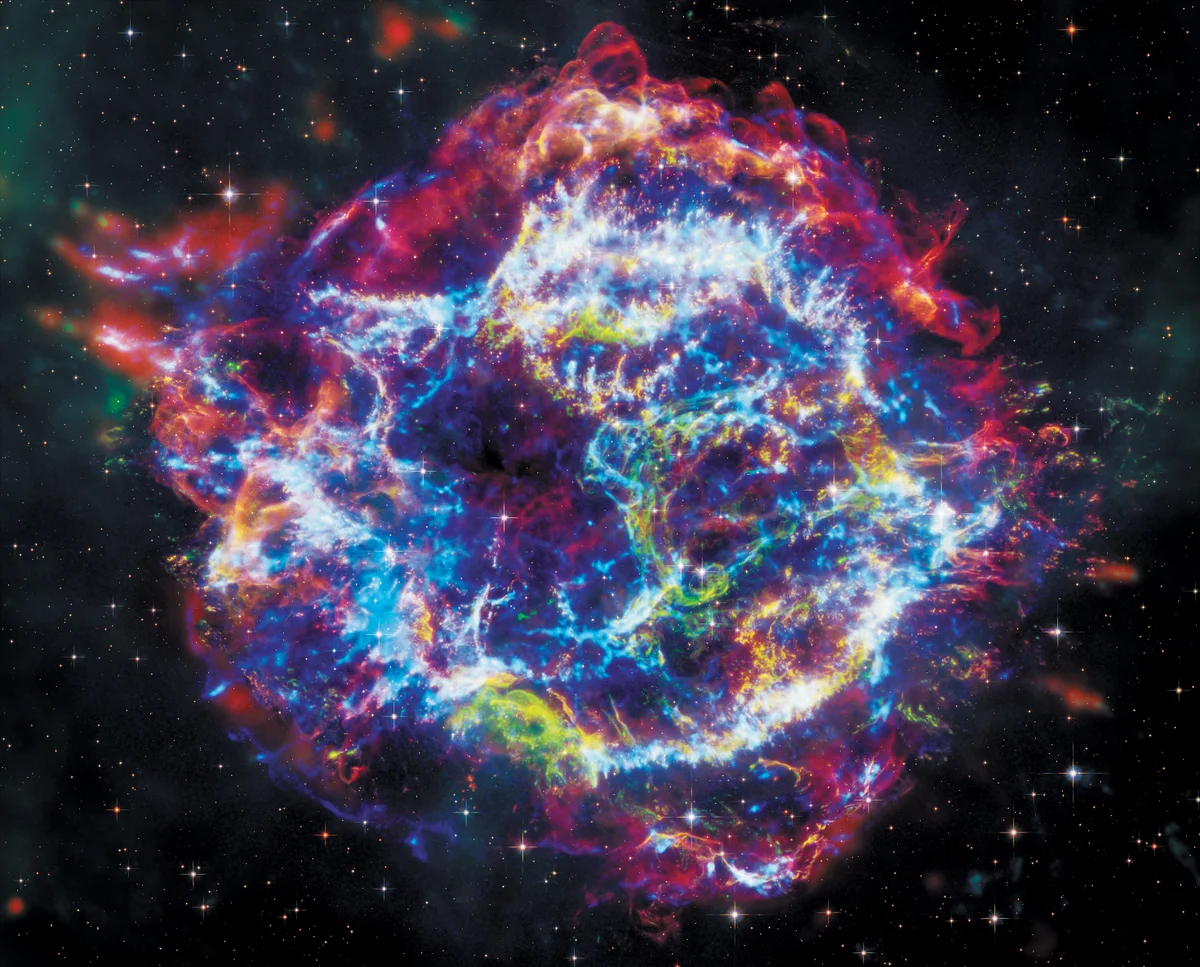 uma supernova, um dos fenomenos mais poderosos e brilhantes do universo, varios gases de cores diferentes são um dos resultados da explosão de uma estrela super massiva